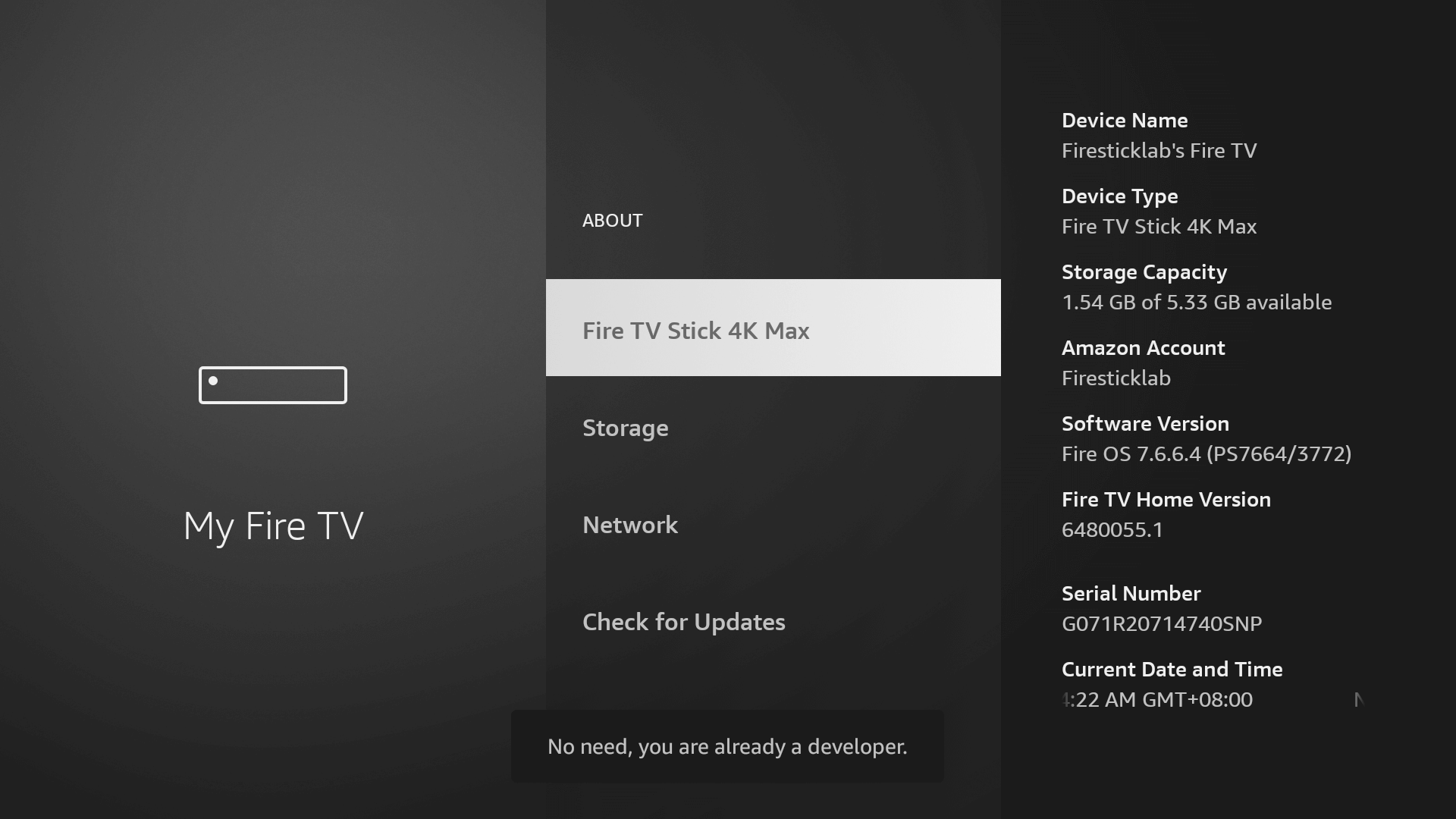 Developer Options enabled on Fire TV