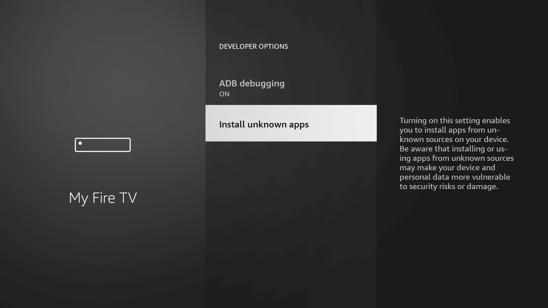 The Install Unknown Apps screen in Developer Options