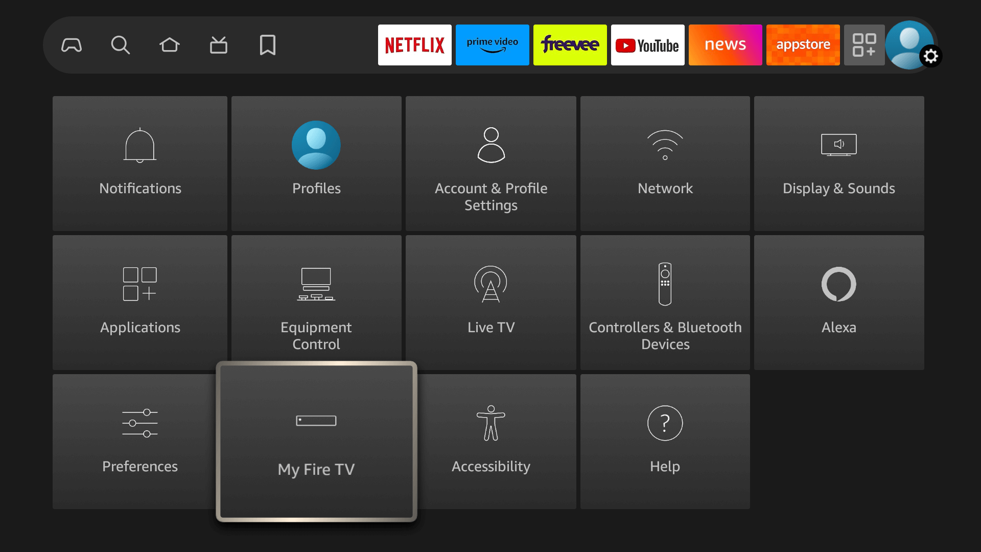 The Settings row on the Fire TV home screen